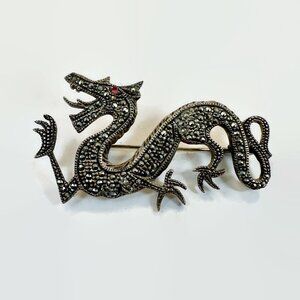 Dragon Brooch, Marcasite, Garnet Eye, Sterling Silver, Vintage, Chinese Dragon